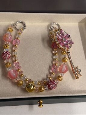 Pink & Gold Floral Key Charm Purse Chain Silver Hardware